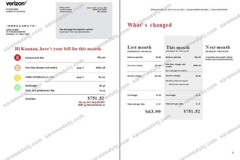 USA Verizon utility bill template in Word and PDF formats, 2 pages
